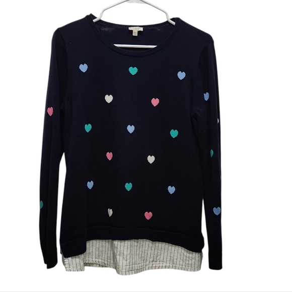 Talbots Lagenlook Sweater Navy With Multicolored Hearts Size M Petite Valentines - Picture 1 of 5